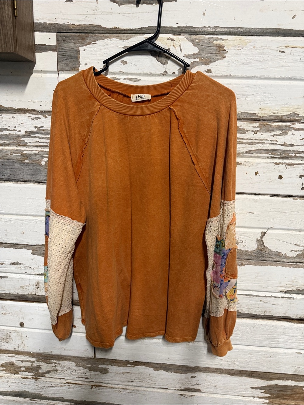 J. HER Women's Rust Orange Long Sleeve Pullover with Patchwork Sleeves( 32